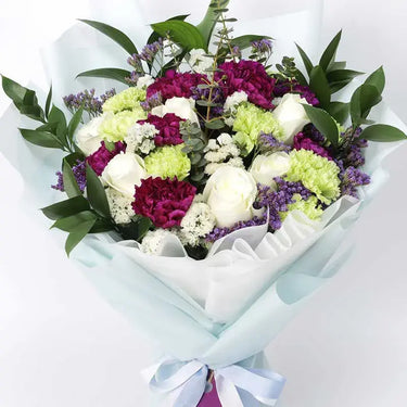 Youthful Blooms Bouquet, White Roses, Green Carnations, Purple Carnations, White Statice